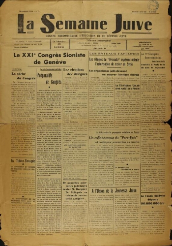 La Semaine Juive : Organe hebdomadaire d'éducation et de défense juive. N° 70 (4 août 1939)